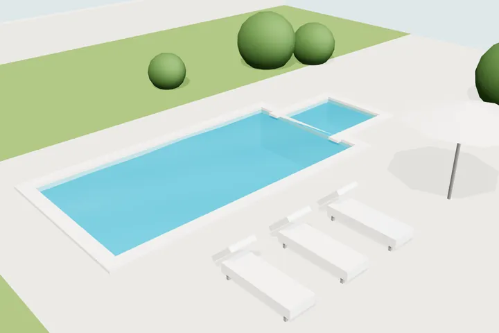 Design render of a rectangular pool with an attached spa, three loungers and a parasol.