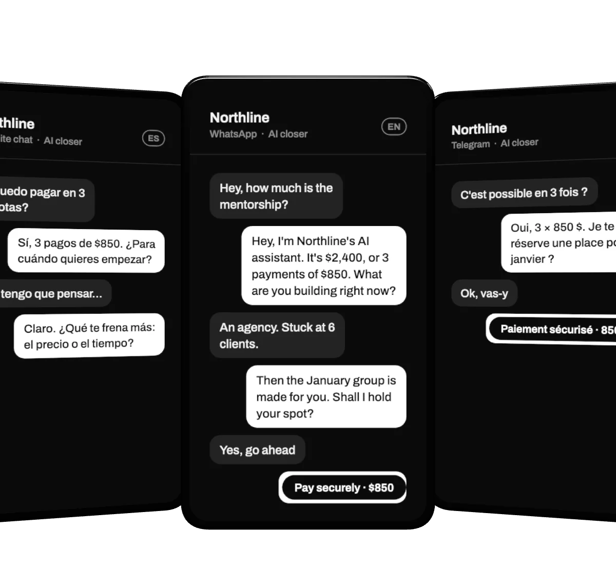 Sales conversations on glass screens, in English, Spanish and French, on WhatsApp, website chat and Telegram, each ending with a payment link.